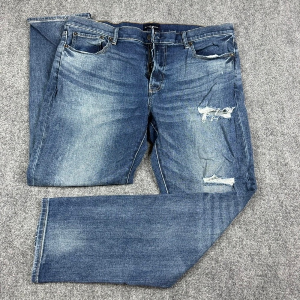 Lucky Brand 410 Athletic Straight Mens 38x30 Blue Distressed Ripped Jeans